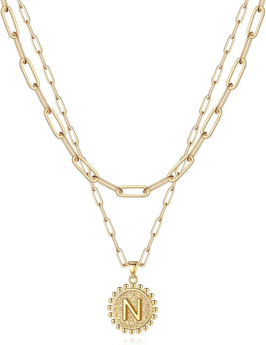 Yoosteel Gold Initial Necklaces for Women, 14K Gold Plated Dainty Layering Paperclip Link Chain Necklace Coin Initial Layered Necklaces for Women Personalized Birthday Gifts