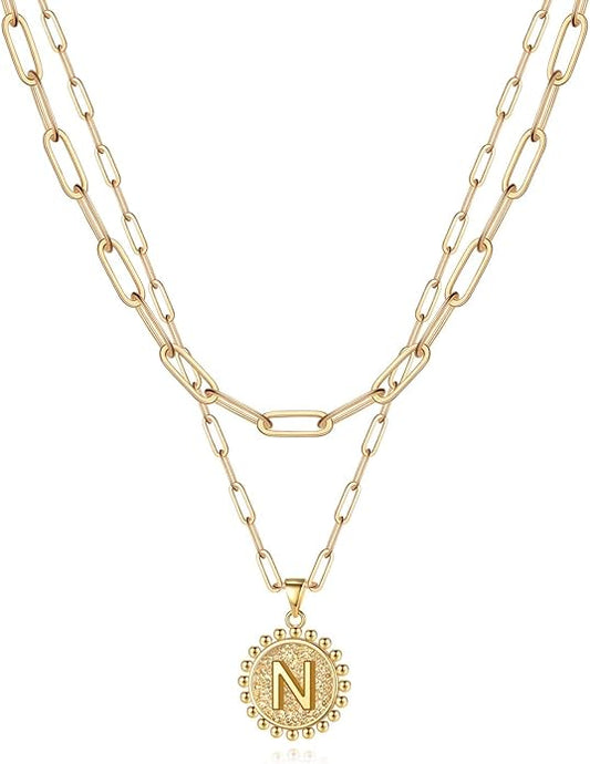 Yoosteel Gold Initial Necklaces for Women, 14K Gold Plated Dainty Layering Paperclip Link Chain Necklace Coin Initial Layered Necklaces for Women Personalized Birthday Gifts