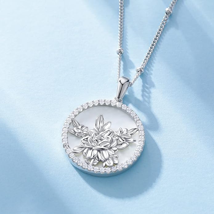 AGVANA Valentines Day Gifts Sterling Silver Birth Flower Necklace for Women Genuine Mother of Pearl CZ Round Disc Pendant Necklace Fine Jewelry Anniversary Birthday Gifts for Women Wife Mom Her