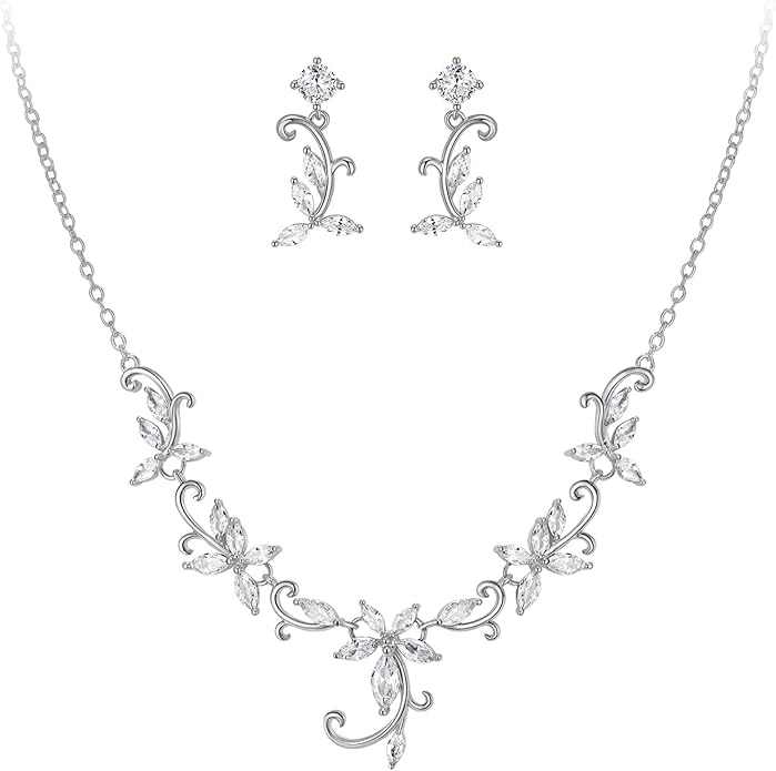 Crysdue Flower Leaf Wedding Jewelry Set for Bridal Bridemaid, Cubic Zirconia Teardrop Elegant Silver/14K/Rose Gold Plated Vine Necklace Dangle Earrings for Prom Party