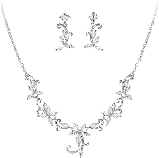 Crysdue Flower Leaf Wedding Jewelry Set for Bridal Bridemaid, Cubic Zirconia Teardrop Elegant Silver/14K/Rose Gold Plated Vine Necklace Dangle Earrings for Prom Party