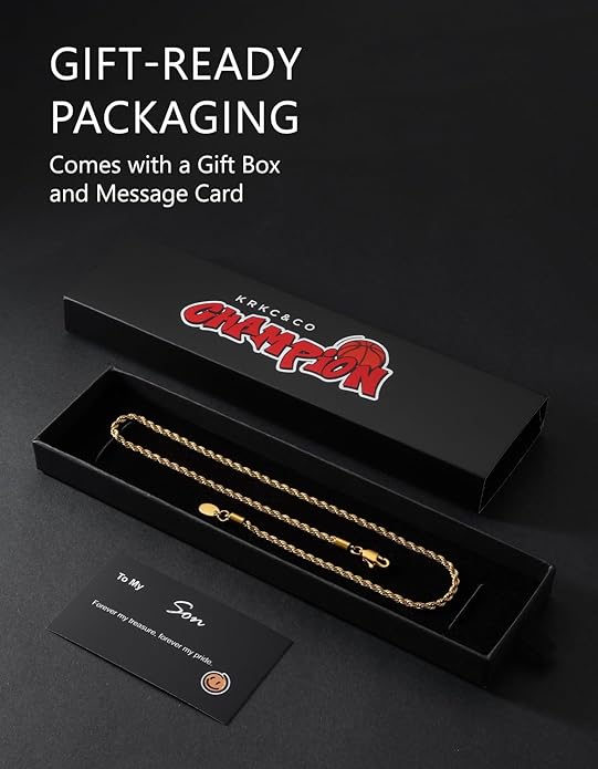 KRKC&CO Rope Chain Necklace for Men, Packaging with Gift Box & Card on Birthday from Mom Dad, 18K / White Gold Plated Chains, Hypoallergenic 316L Stainless Steel, Durable Men Jewelry, 3mm 16-26in
