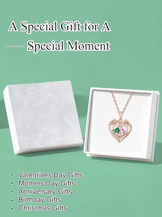 JIYVY32 Rose Heart Necklace for Women Exquisite 925 Sterling Silver Anniversary Birthday Gifts for Wife Mom Her Double Birthstone Pendant Jewelry