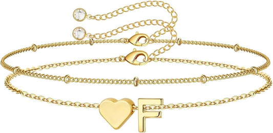 M MOOHAM Christmas Gifts for Grandkids Teens Girls -14K-Gold-Plated Heart Initial Bracelets for Women Girl Dainty Gold Bracelets Birthday Gift Stocking Stuffers for Women Teenage Girls Kids Gifts