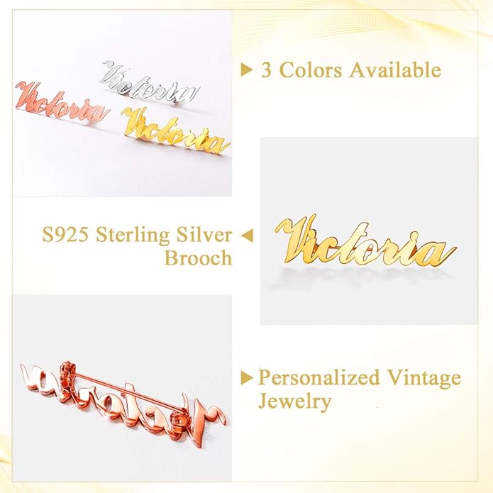 Custom4U Custom Name Pin Personalized Brooch Pins for Women Men Stainless Steel Name Tag with Letters/Initials - Silver/Gold/RoseGold/Black Customized Jewelry Gifts for Birthday Wedding Business Party