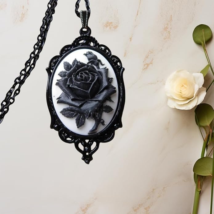 Gothic Red Rose Cameo Necklace for Women Victorian Vintage Rose Flower Thorn Pendant Necklace Satan Demon Necklace Halloween Jewelry for Women