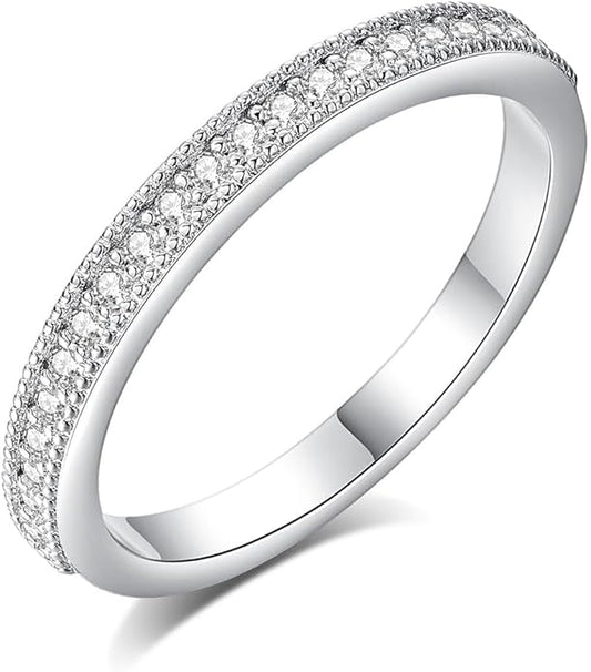 2wist Designs 0.60ct Moissanite Dainty Pave Band for Women – 2mm Round Stones, Slim Stackable Anniversary & Wedding Band in Sterling Silver