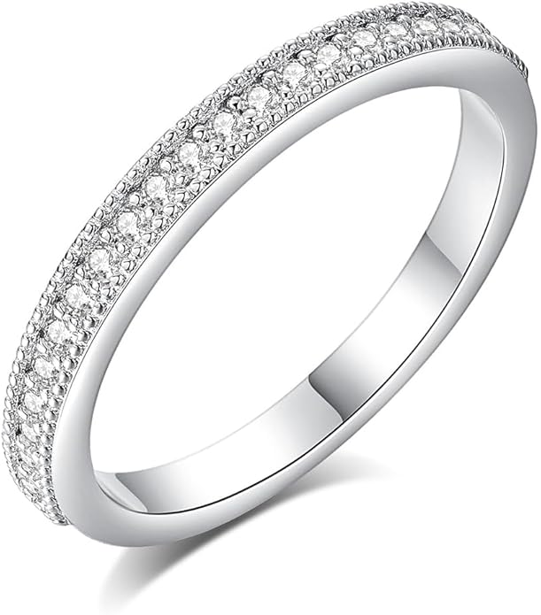 2wist Designs 0.60ct Moissanite Dainty Pave Band for Women – 2mm Round Stones, Slim Stackable Anniversary & Wedding Band in Sterling Silver