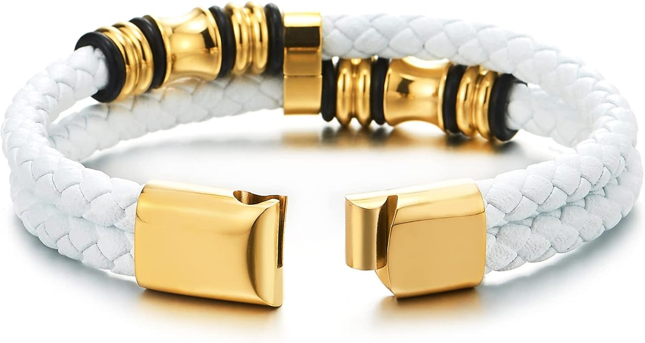 COOLSTEELANDBEYOND Mens Double-Row Braided Leather Bracelet Bangle Wristband with Stainless Steel Ornaments