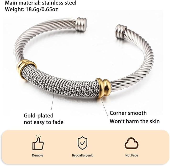 Twisted Cable Bangle Bracelet for Women Gold Plated Lightweight Adjustable Open Cuff Vintage Chunky Jewelry Gift for Her Mom Sister Birthday Christmas