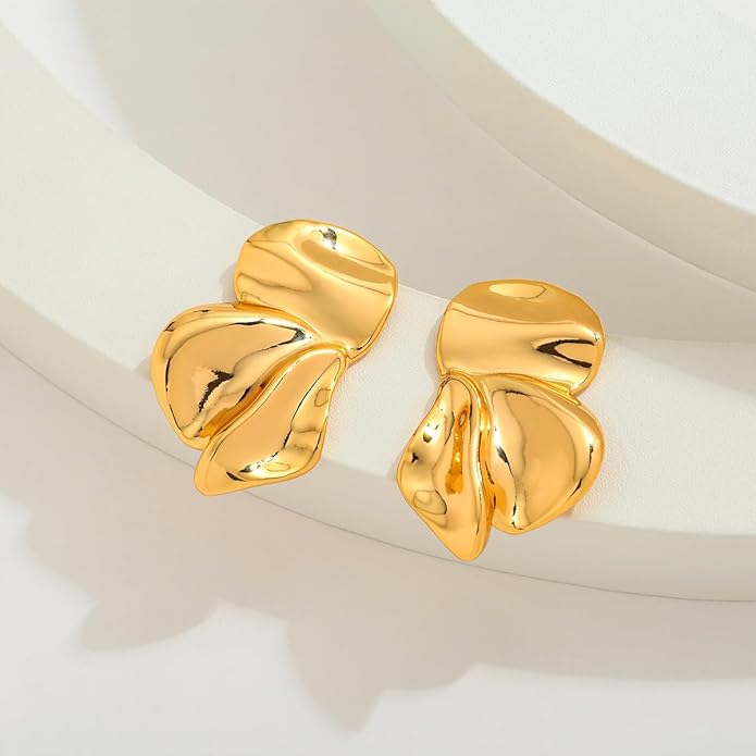 Chunky Gold Statement Earrings For Women Gold Plated Sectored Flower Leaf Shell Angel Wing Earrings Large Stud Earrings Hypoallergenic Earrings