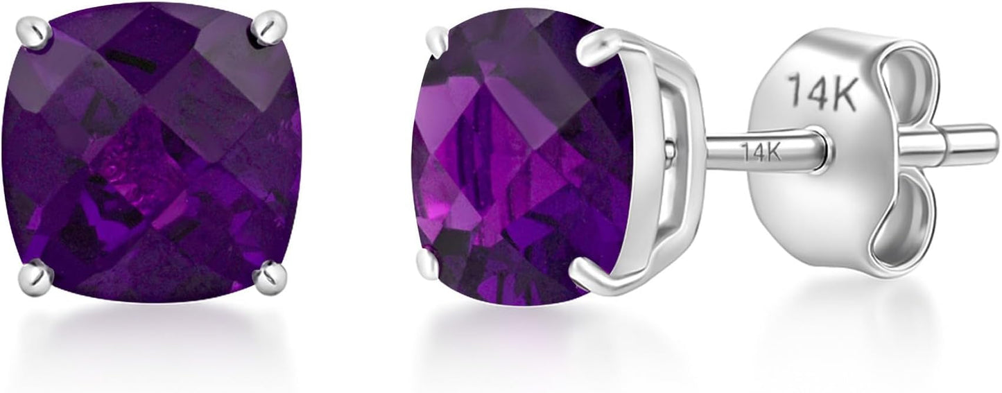 14k Gold 6MM Cushion Cut Stud Gemstone Earrings | Hypoallergenic Solitaire Gemstone Studs with 14K Gold Backs | Lightweight Birthstone Earrings with Gift Box by MAX + STONE