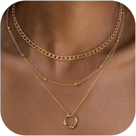 Layered Necklace for Women 14K Gold Plated Dainty Paperclip Herringbone Pearl Cross Pendant Necklace Stack，Layering Chain Cuban Figaro Rope Chain Choker Trendy Gold Jewelry Gift