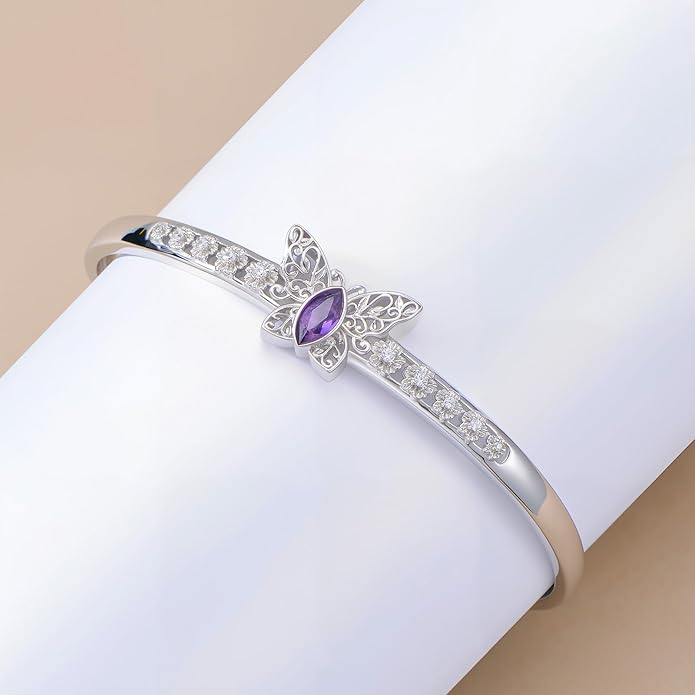 Butterfly Filigree Cuff Bracelet with CZ, 925 Sterling Silver Adjustable Natural Gemstone Bangle, Vintage Boho Jewelry Gift for Her