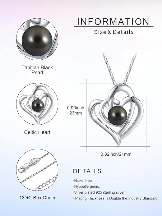 Tahitian Black Pearl 18K White Gold Plated Sterling Silver Heart/Infinity/Four Leaf Clover Pendant Necklace Jewelry Gifts for Women Wife Mom Girlfriend Wedding Birthday Anniversary Christmas