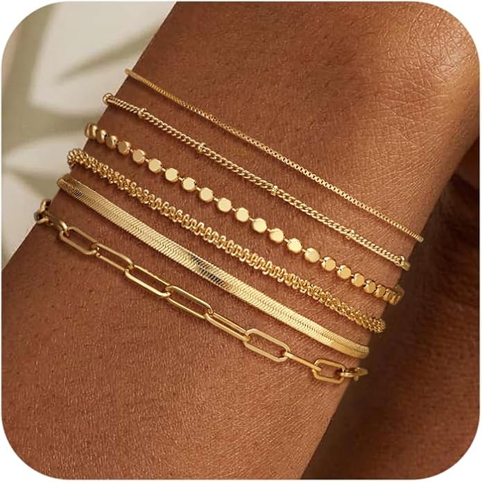 DEARMAY Waterproof Gold Plated Bracelets Set for Women Trendy, Dainty 14K Gold Jewelry Fashion Stackable Tennis Beaded Figaro Herringbone Paperclip Link Bracelet Pack Stack Gifts for Women