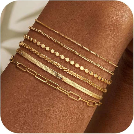 DEARMAY Waterproof Gold Plated Bracelets Set for Women Trendy, Dainty 14K Gold Jewelry Fashion Stackable Tennis Beaded Figaro Herringbone Paperclip Link Bracelet Pack Stack Gifts for Women