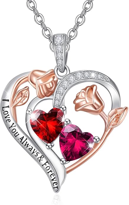 Zeuslia Double Birthstone Necklace Gifts for Wife - 925 Sterling Silver Sunflower/Rose/Crown Cross/Compass/Heart Pendant I Love You Necklace, Anniversary Birthday Gifts for Wife Girlfriend Mom Her