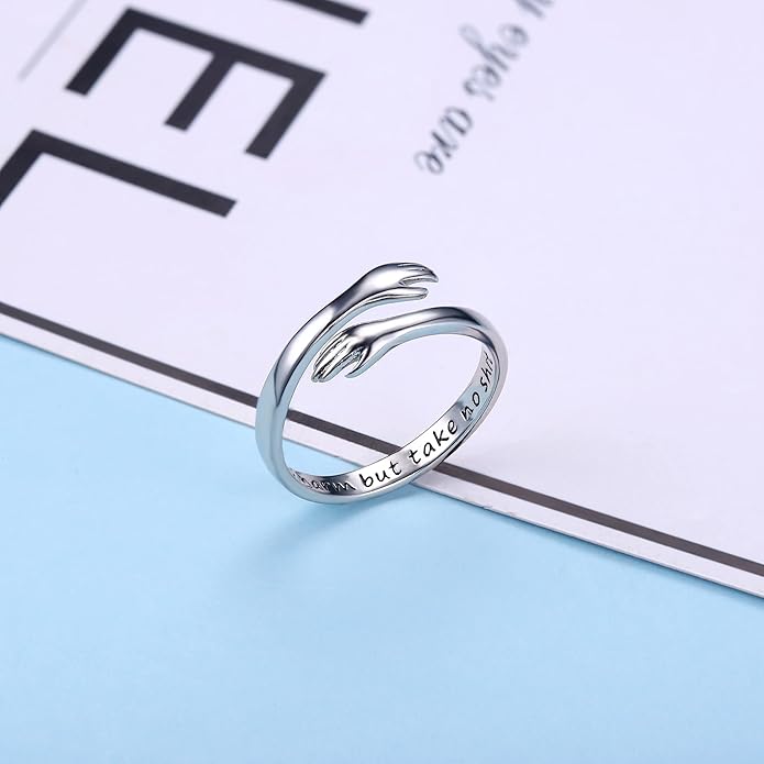 Yesteel S925 Sterling Silver Hug Ring for Women Teen Girls, Adjustable Ring Jewelry Mothers Day Birthday Gifts for Daughters Mom Sister Wife Friends Grandma