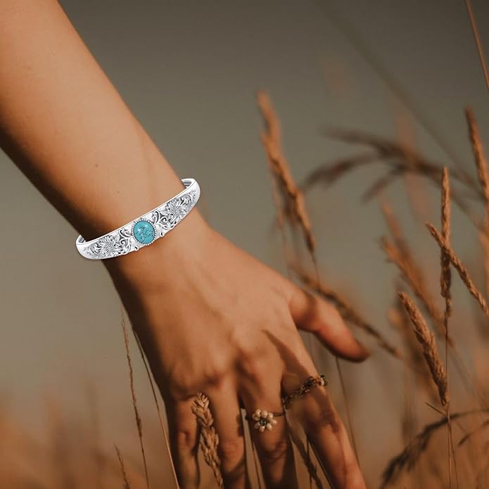 Genuine Turquoise Cuff Bracelet for Women, 925 Sterling Silver Adjustable Sunflower Bangle, Vintage Carved Boho Jewelry Gift for Christmas or Birthday