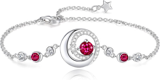 FANCIME Birthstone Bracelets 925 Sterling Silver Moon and Star Bangle Charm Bracelet Fine Jewelry Birthday Anniversary Christmas Day Gift for Her Women, Adjustable Chain 6.7"+1.2" Extend