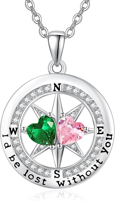 Compass Birthstones Necklace for Women, Exquisite Anniversary Birthday Gifts for Wife Her Double Birthstone Pendant jewelry ‘I'd be Lost Without You’