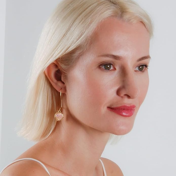 Simulated Druzy Threader Drop Earrings for Women - Gold, Silver, or Rose Gold Tone Trendy Boho Dangles with Sparkly Round Stone