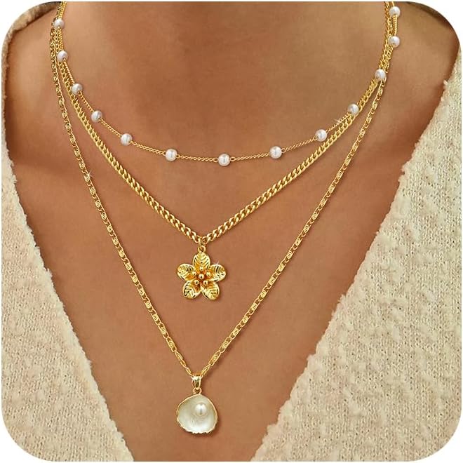 ASCOMY Gold Necklace for Women 14K Gold/Silver Plated Layered Necklaces Stackable Layering Cross Necklace Stacked Coin Pendant Pearl Herringbone Chain Stacking Gold Choker Trendy Jewelry Gift for Her