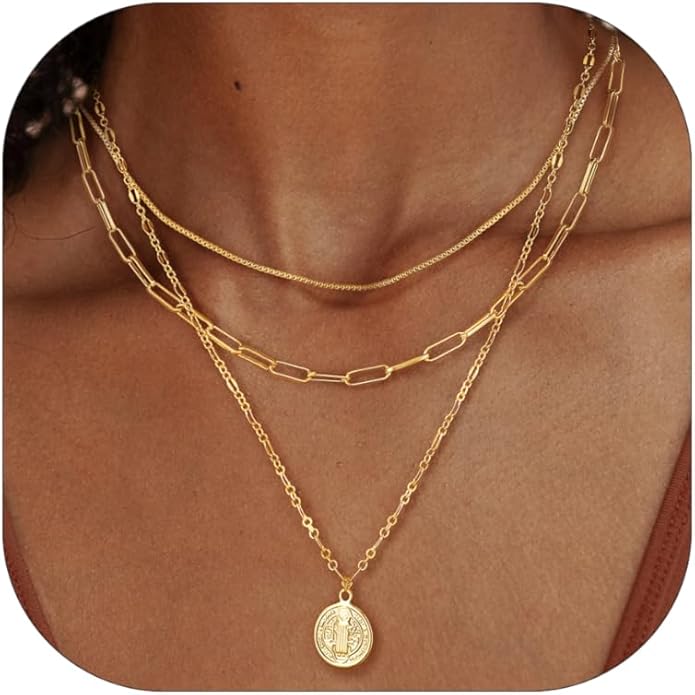Layered Necklaces for Women, Dainty 14K Gold Plated Herringbone Chain Necklace Set Chunky Gold Necklace Stack Layering Choker Necklaces for Women Trendy Fashion Waterproof Jewelry