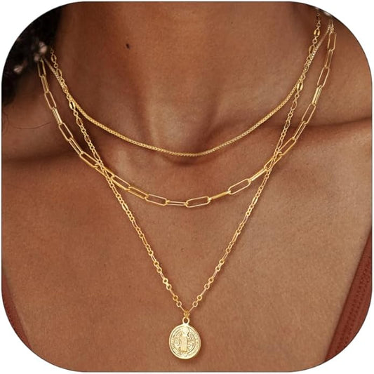 Layered Necklaces for Women, Dainty 14K Gold Plated Herringbone Chain Necklace Set Chunky Gold Necklace Stack Layering Choker Necklaces for Women Trendy Fashion Waterproof Jewelry