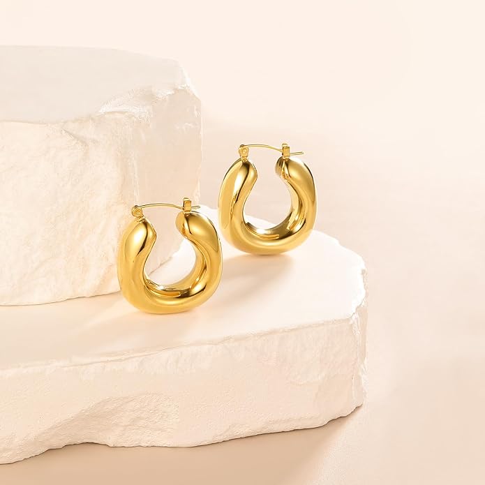 8YEARS Chunky Gold Hoop Earring for Women, 18K Gold Plated Lightweight Thick Hoops, Hypoallergenic Trendy Jewelry for Gift