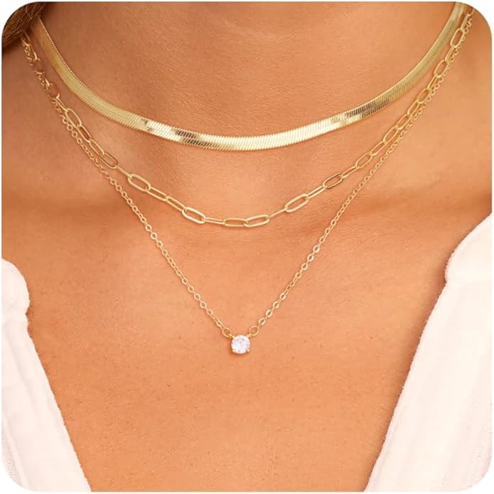 Layered Gold Necklace for Women Dainty 14K Gold/Silver Plated Stacked Necklace for Women Trendy Cuban Paperclip Herringbone Chain Diamond Pendant Necklaces Jewelry Set Accessories Gift
