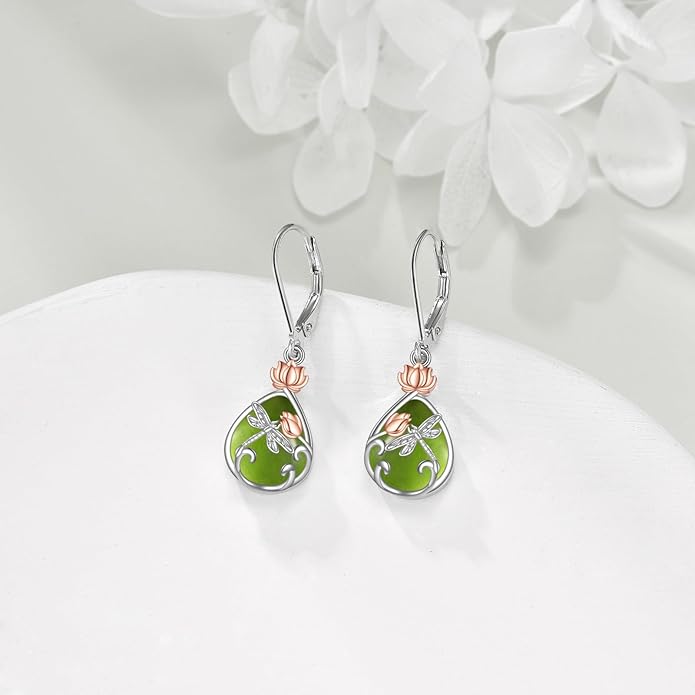 AOBOCO Butterfly/Dragonfly/Bee/Ladybug Leverback Earrings 925 Sterling Silver Rose Lotus Tulip Flower Filigree Dangle Earrings Teardrop Moonstone Larimar Turquoise Abalone Shell Jewelry Birthday Gifts for Women