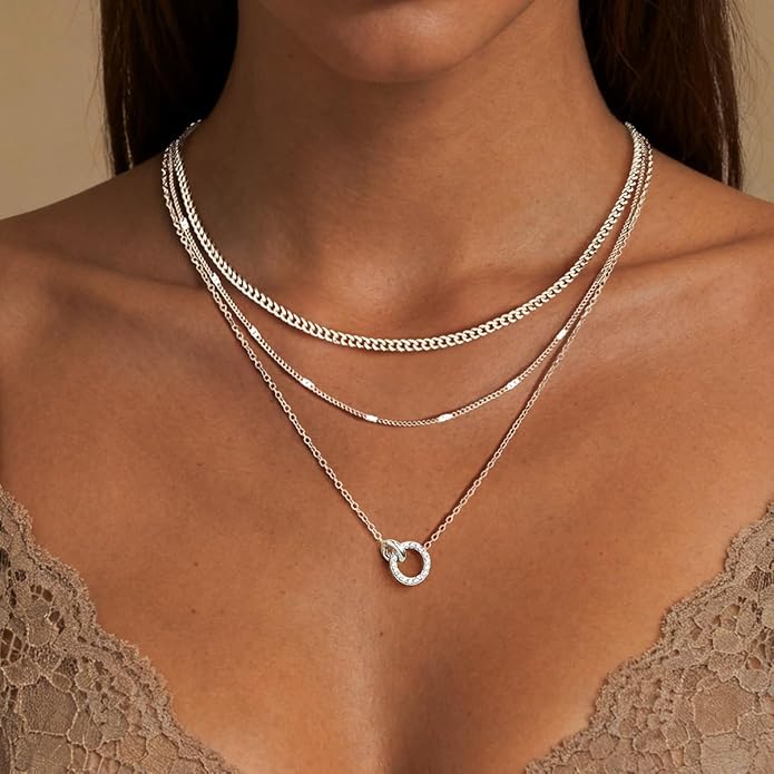 WomenGifts Layered Gold Necklaces for Women, 14K Gold Sterling Silver Plated Dainty Pendant Necklace Set with Cubic Zirconia Circle, Chunky Stackable Cuban Chain Choker, Trendy Personalized Birthstone Jewelry Gift Non Tarnish