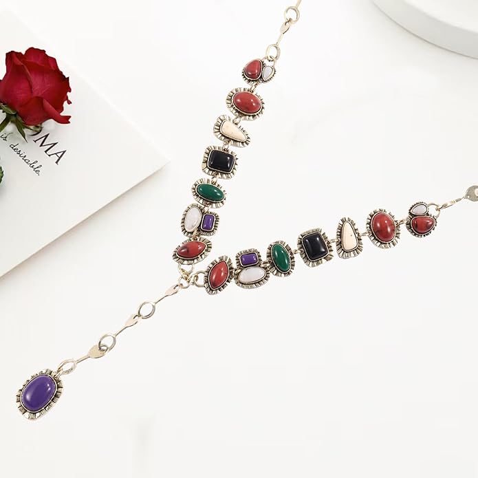 Vintage Bohemia Necklace Golden Charm Gemstone Necklace for Women Long Pendant Jewelry