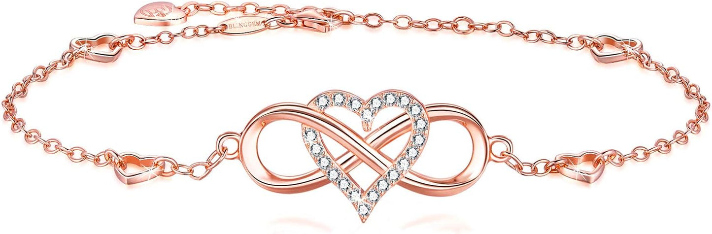 BlingGem Anklets for Women 925 Sterling Silver Infinity Hear Ankle Bracelet Cubic Zirconia Rose Gold Summer Beach Stylish Foot Chain Summer Vacation Jewelry Gift for Mom Women