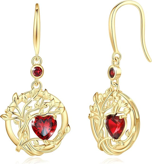 FANCIME Tree of Life Dangle Drop Earrings 925 Sterling Silver Dainty Round Gemstone Birthstone Earring Fine Jewelry Birthday Christmas Gifts for Her Women