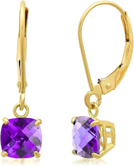 Solid 10K Gold Cushion Cut Dangle Gemstone Earrings for Women | 6mm Gemstone Birthstone Earrings | Checkerboard 10 Karat Gold Dangle Drop Leverback Earring for Women by MAX + STONE