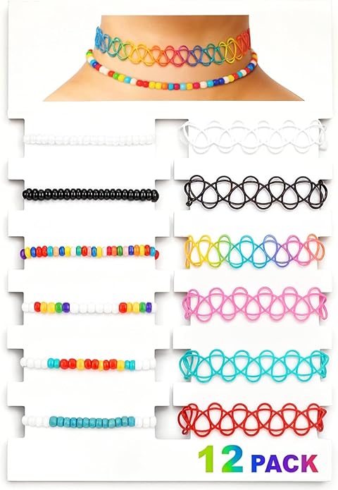 BodyJ4You 12PC Tattoo Choker Necklace - 90s Accessories 2000s Jewelry Y2K Fashion Vintage Trendy - Rainbow Goth Black Pink Green Blue White - Adjustable Stretchy Elastic Necklace Summer Vacation Set