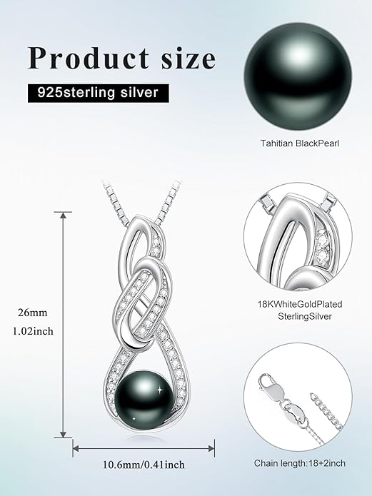 KANNSOAR Tahitian Black Pearl 18K White Gold Plated Sterling Silver Heart/Infinity/Four Leaf Clover Pendant Necklace Jewelry Gifts for Women Wife Mom Girlfriend Wedding Birthday Anniversary Christmas