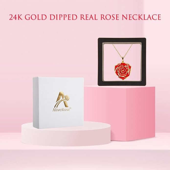 AliveRose Real Rose Gold Dipped Necklace Gifts for Women, 24K Gold Dipped Rose Pendant Necklace Jewelry Mothers Day Anniversaries Birthday Christmas Special Occasions Gifts for Her Mom Wife