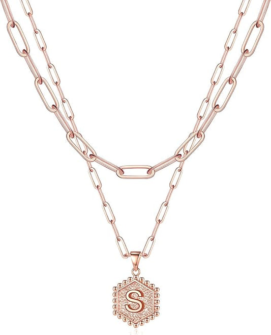 M MOOHAM Dainty Initial Necklaces for Women - Layering Necklace for Women Cute Hexagon Letter Initial Necklace Layered Necklaces for Womens Gifts