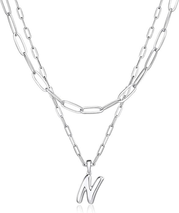 adoyi Gold Necklace for Women Layered Bubble Heart Letter Initial Necklaces for Women Trendy Jewelry 14K Gold Plated Chain Chunky Name Necklace Stack Charm A-Z Pendant Set Jewelry Gifts