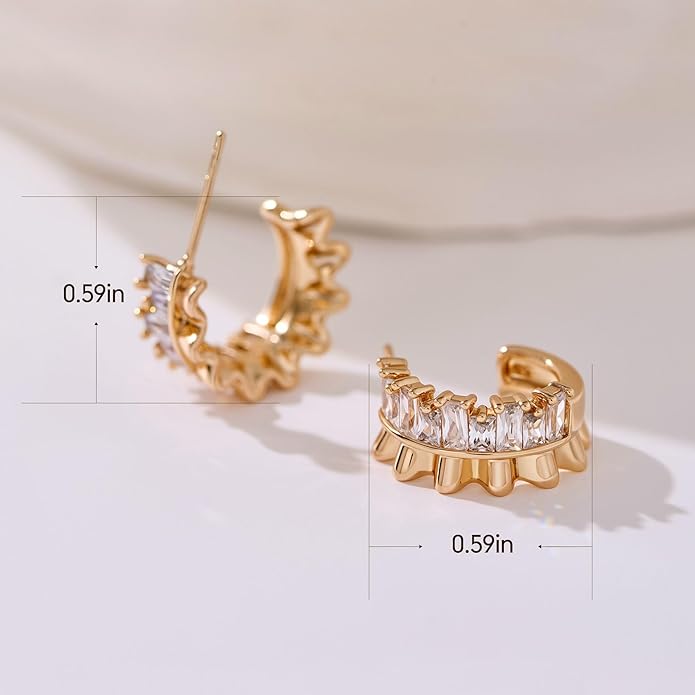 14K Gold & Rose Gold Hoop Earrings for Women, Chunky Huggie Half Hoops Earrings, Hypoallergenic Non Tarnish Cubic Zirconia Trendy Minimalist Everyday Jewelry Gift