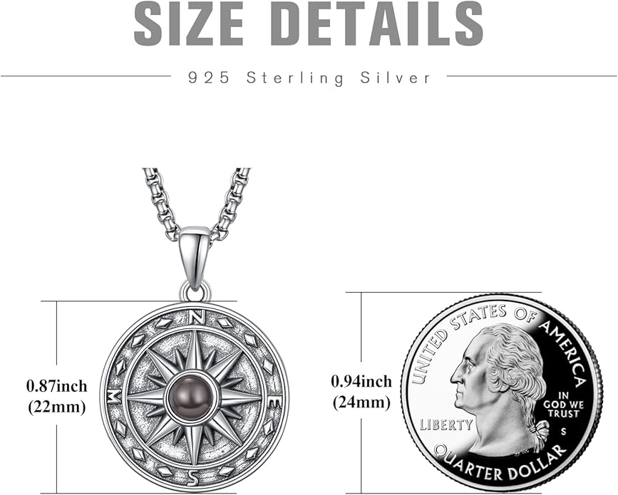 KINGWHYTE Compass Necklace for Men 925 Sterling Silver Birthday Gifts Graduation Travel Jewelry for Husband Brother with Stainless Steel Chain