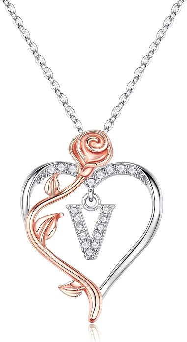 Yesteel Rose Heart Initial Necklaces Gifts for Women Teen Girls, Rose Love Heart Letter Pendant Necklace Jewelry Mothers Day Valentines Anniversary Birthday Gifts for Her Women Wife Girlfriend
