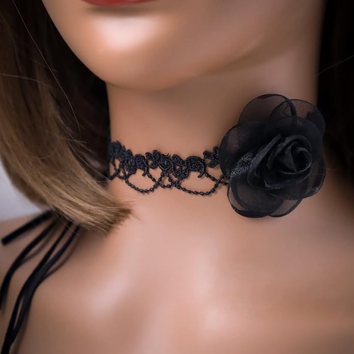 Black Choker Camellia Flower Lace-up Necklace For Women