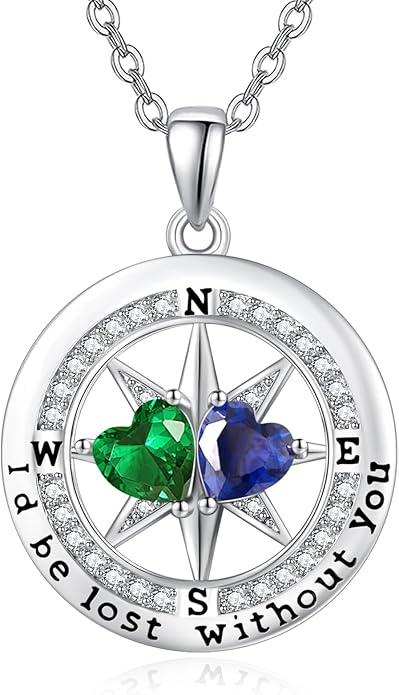 JIYVY32 Compass Birthstones Necklace for Women, Exquisite S925 Necklace Anniversary Birthday Gifts for Wife Her Double Birthstone Pendant jewelry ‘I'd be Lost Without You’