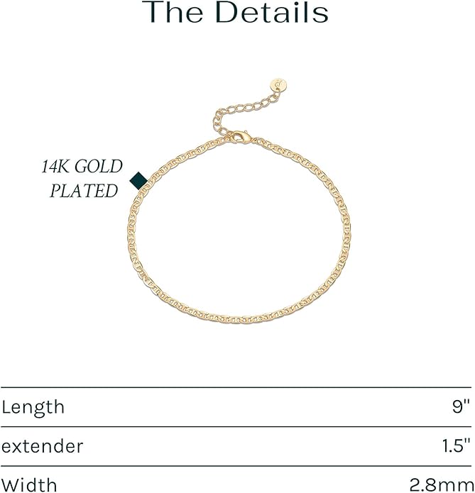 PAVOI 14K-18K Gold Plated Charm Link Flat Gold Anklets for Women | Beaded Marina Link Mariner Paperclip Snake Chain Jewelry Anklets