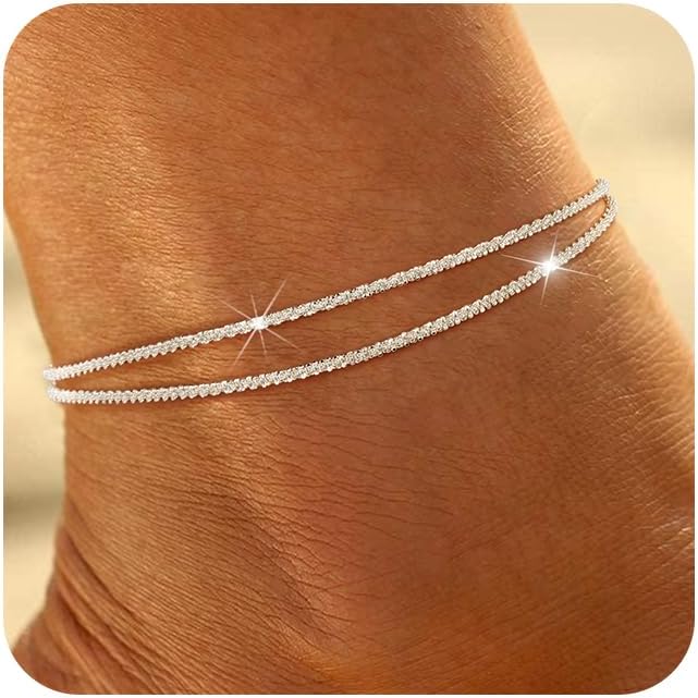 Ritach Ankle Bracelets for Women - Silver/Gold Plated Stainless Steel Anklets for Women Waterproof Layered Cuban Link Figaro Chain Heart Anklets Set Summer Beach Jewelry Gifts